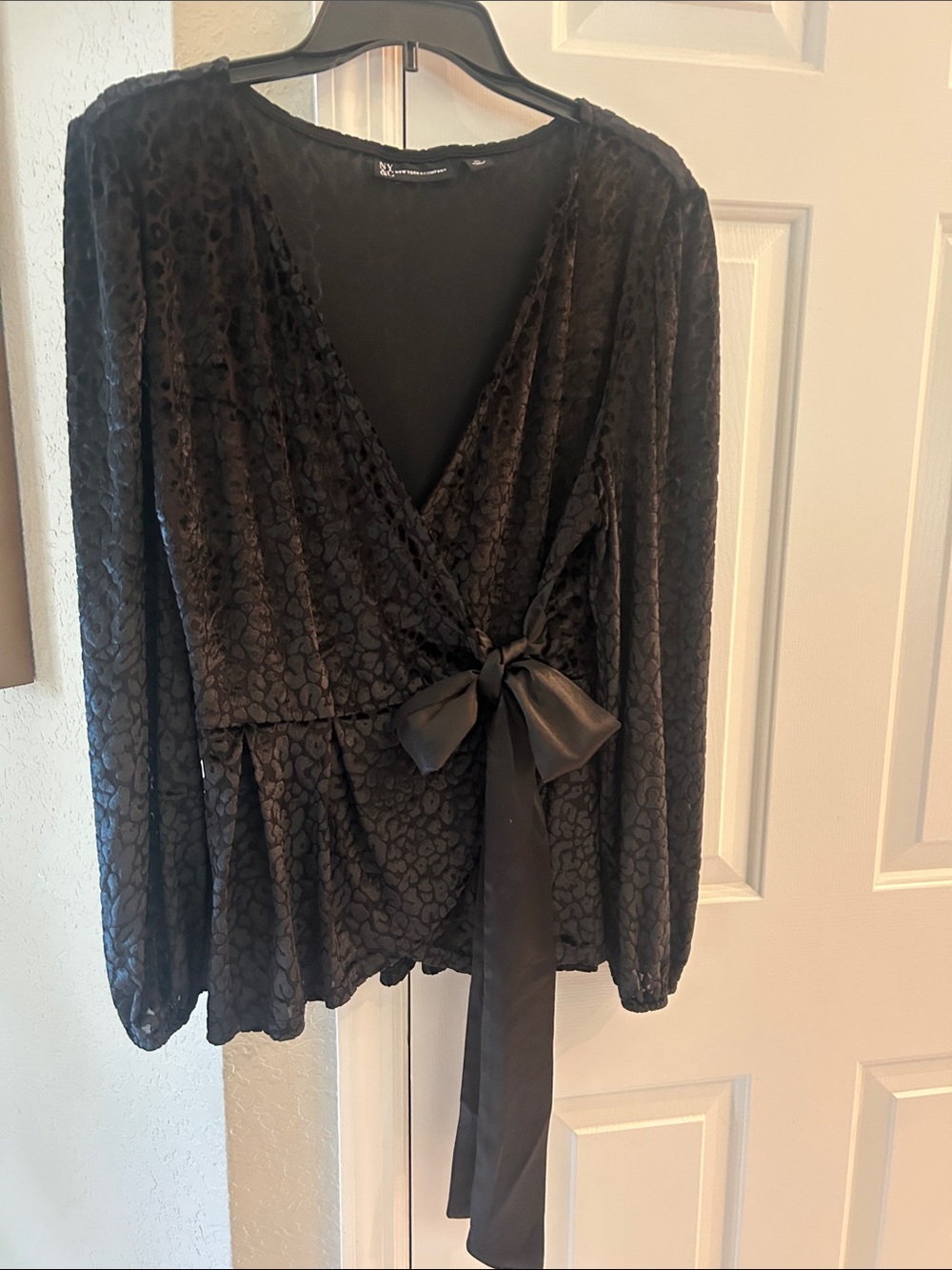 New York & Company Black Textured Wrap Blouse with Satin Tie